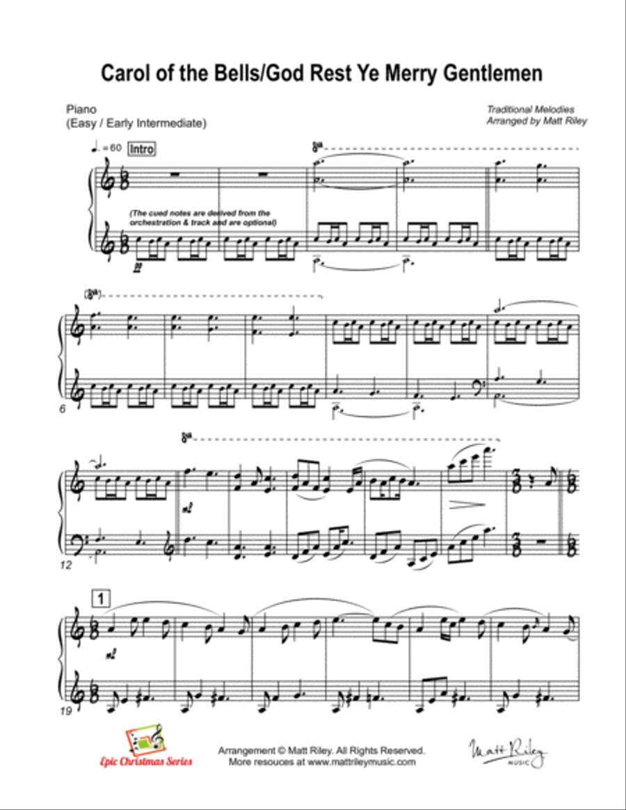 Carol of the Bells / God Rest Ye Merry Gentlemen - Piano (Easy/Early Intermediate Level) Piano Solo scores gallery preview page 3