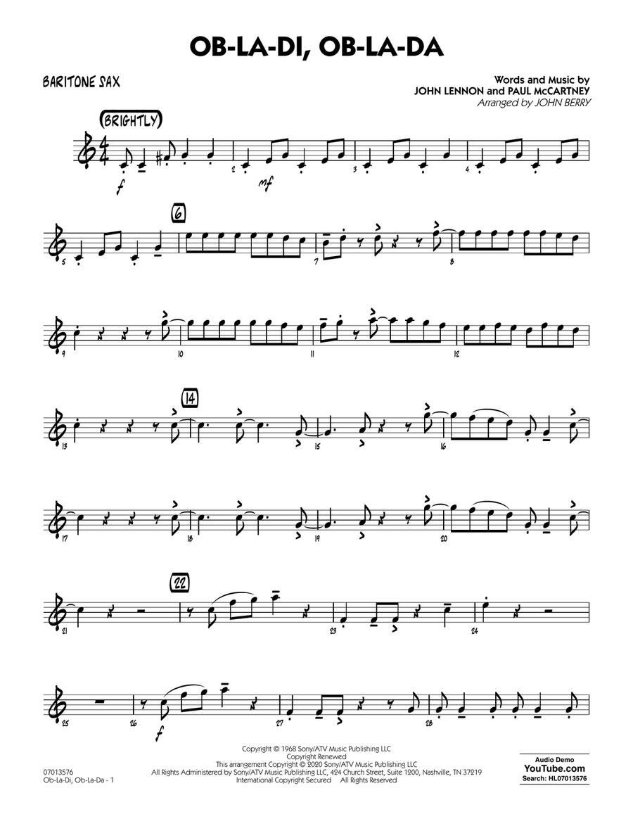 Ob-La-Di, Ob-La-Da (arr. John Berry) - Baritone Sax Jazz Ensemble scores gallery preview page 1