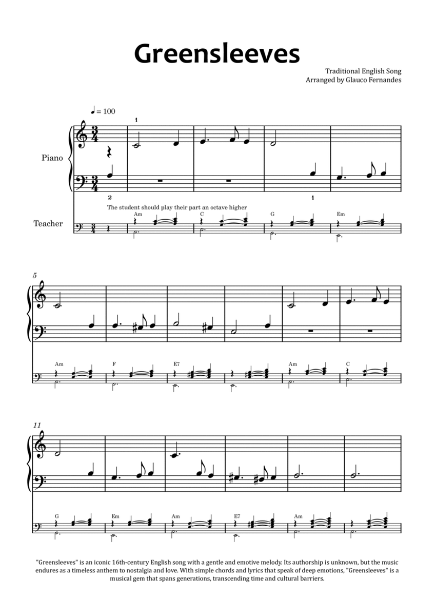 Greensleeves - Easy Piano (piano duet) with Chord Charts image number null