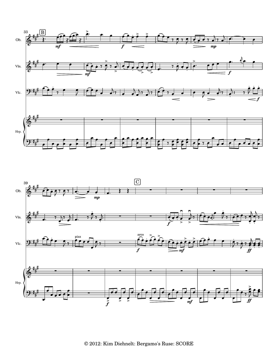 Diehnelt: Bergamo’s Ruse for oboe, violin, ‘cello, and harp Small Ensemble scores gallery preview page 4