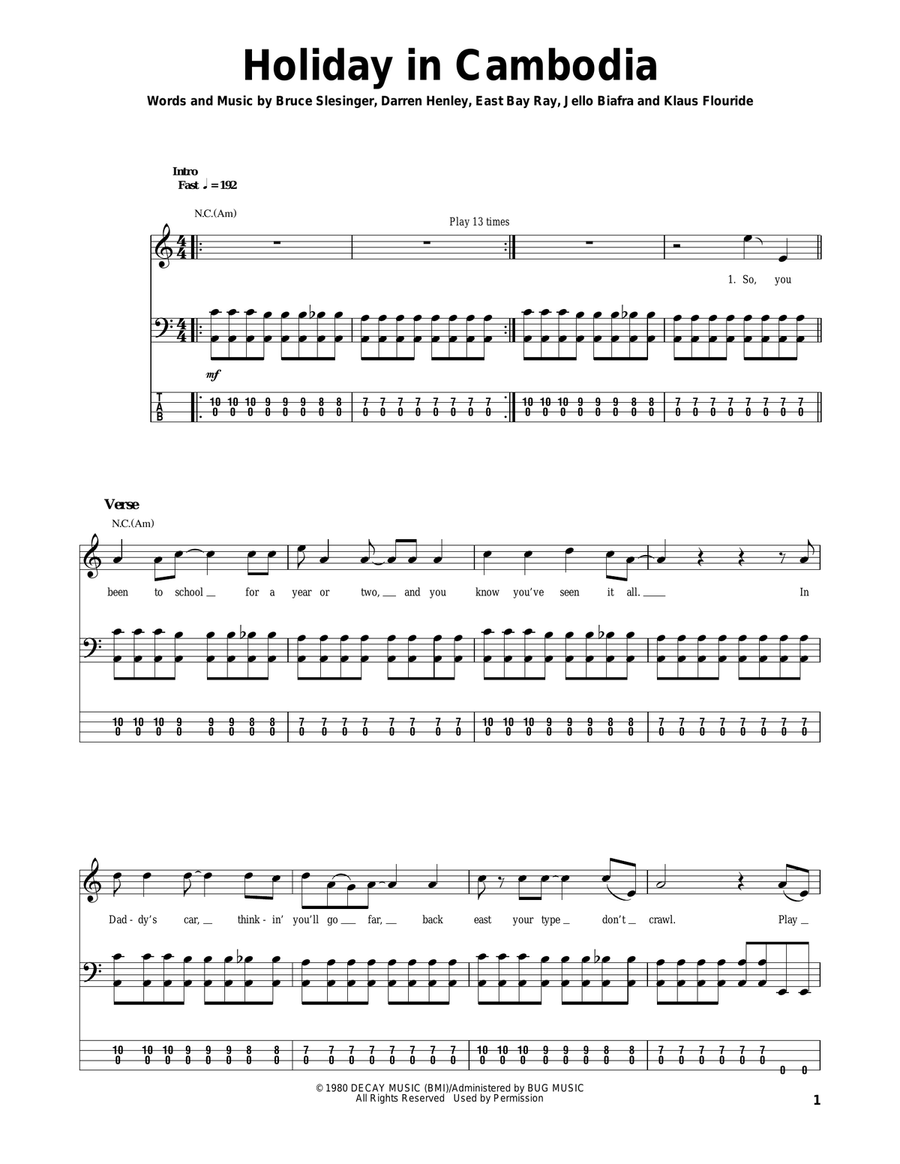 Holiday In Cambodia Bass Guitar Tablature scores gallery preview page 1