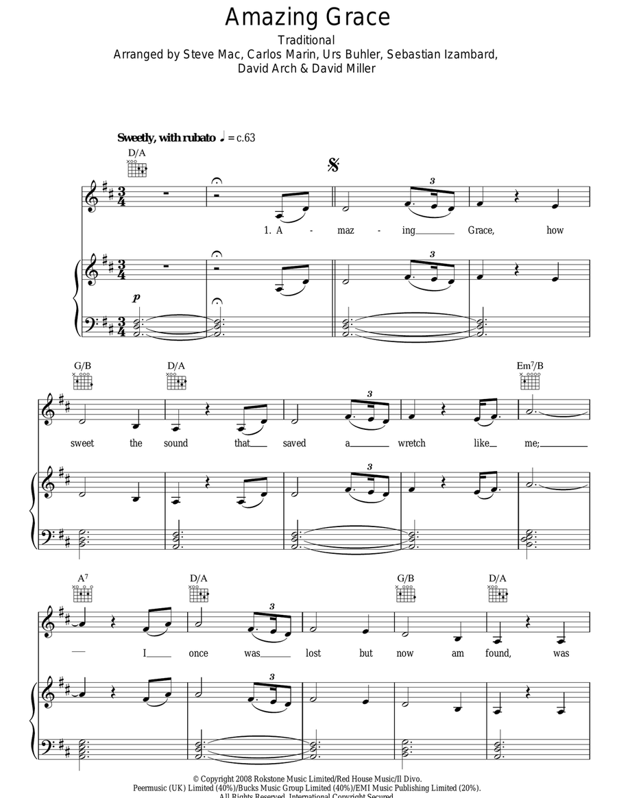 Amazing Grace Piano, Vocal, Guitar scores gallery preview page 1