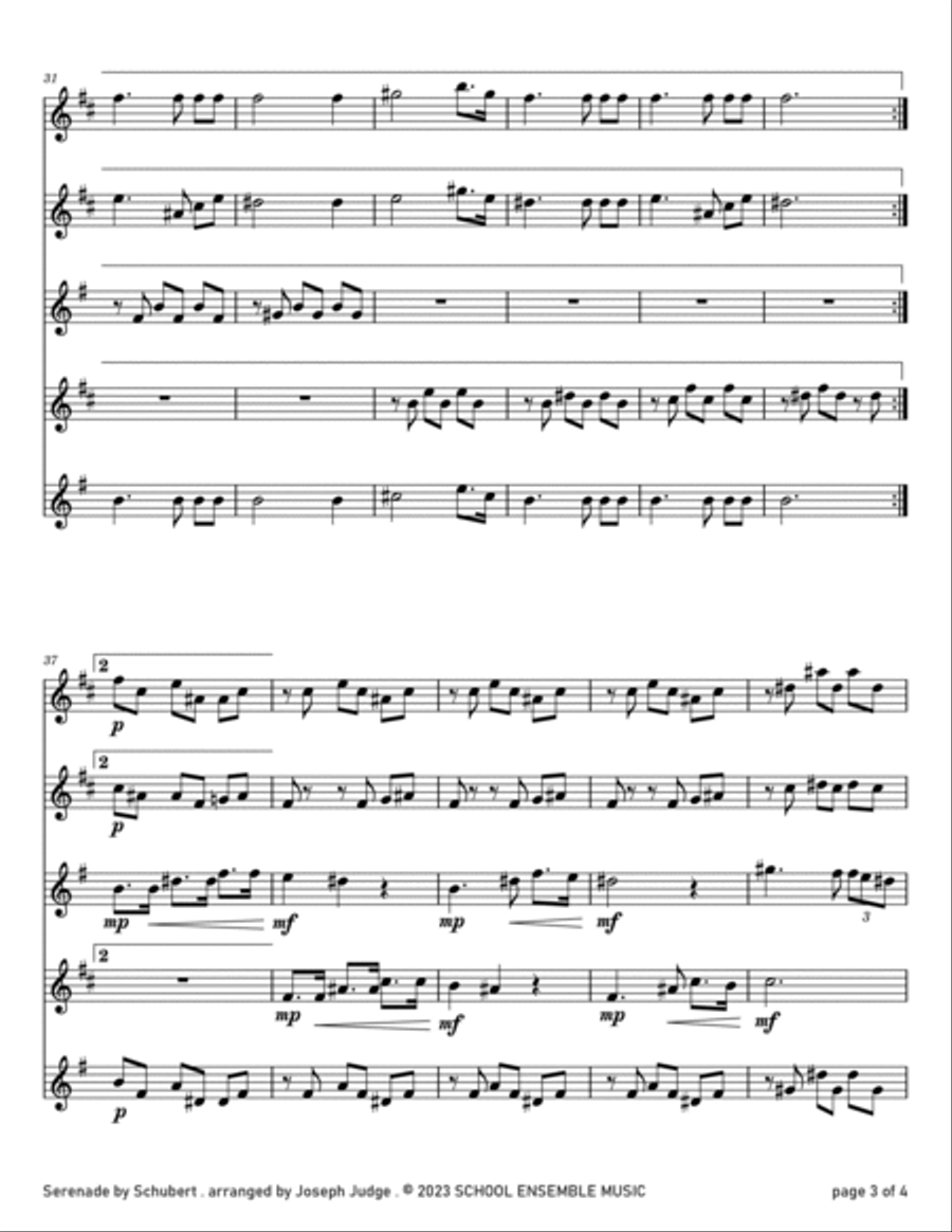 Serenade by Schubert for Saxophone Quartet in Schools Saxophone Quartet scores gallery preview page 3