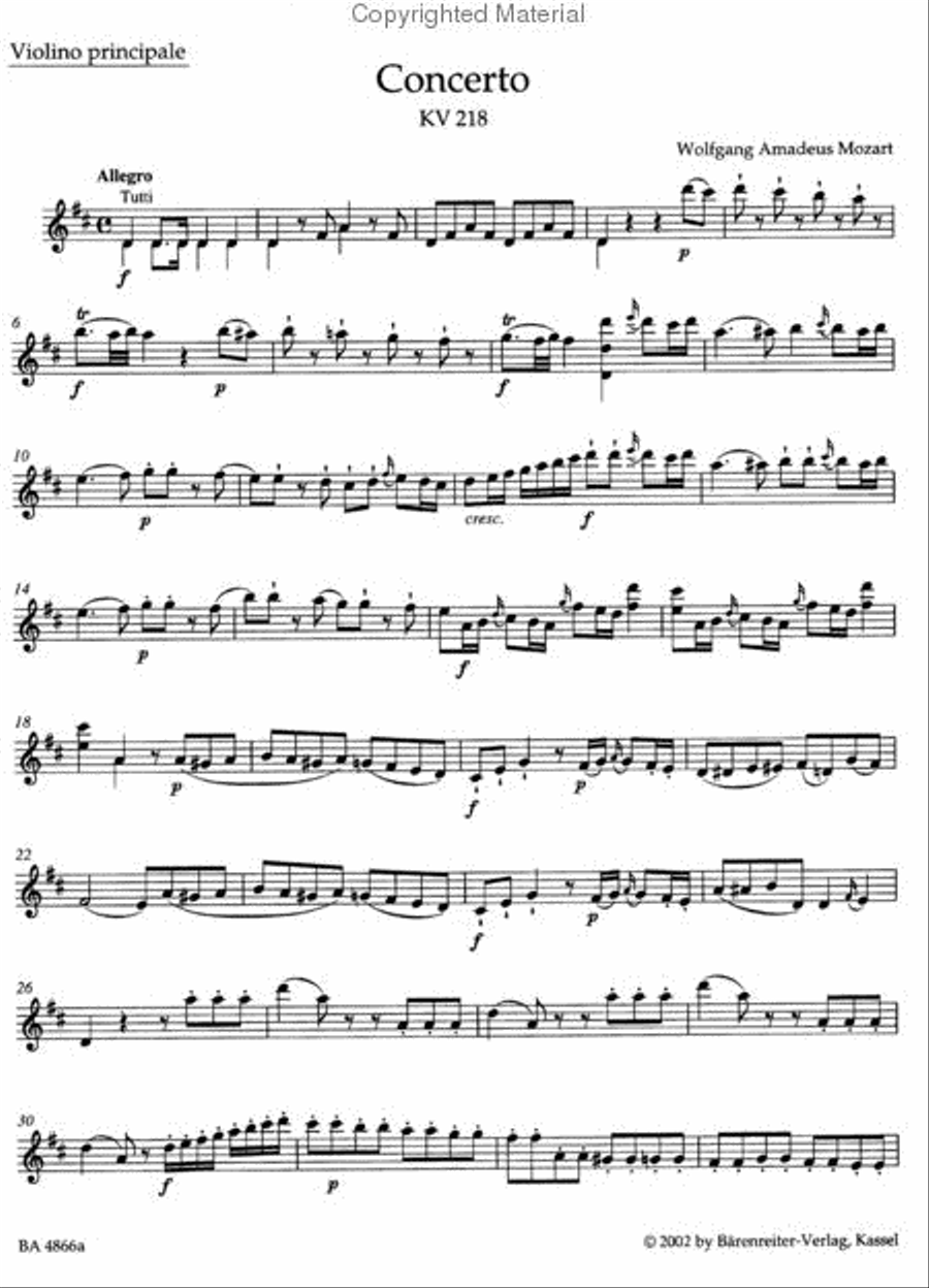 Concerto for Violin and Orchestra, No. 4 D major, KV 218 Violin Solo scores gallery preview page 6