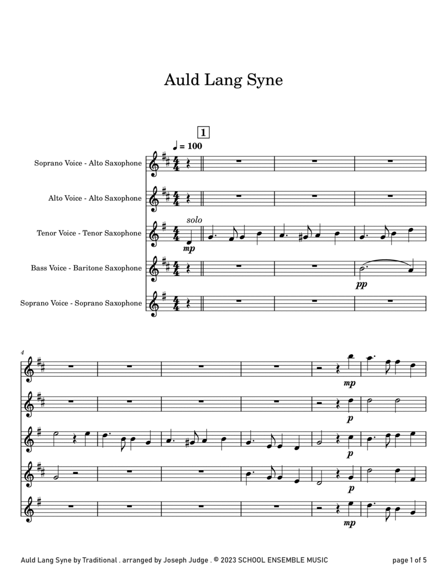 Auld Lang Syne for Saxophone Quartet in Schools image number null