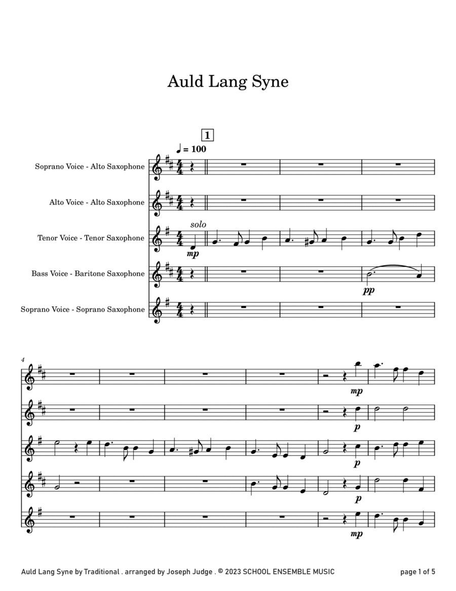 Auld Lang Syne for Saxophone Quartet in Schools Saxophone Quartet scores gallery preview page 1