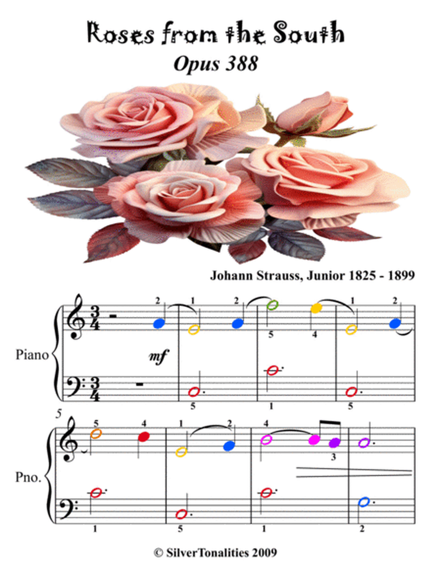 Roses from the South Opus 388 Easiest Piano Sheet Music with Colored Notation