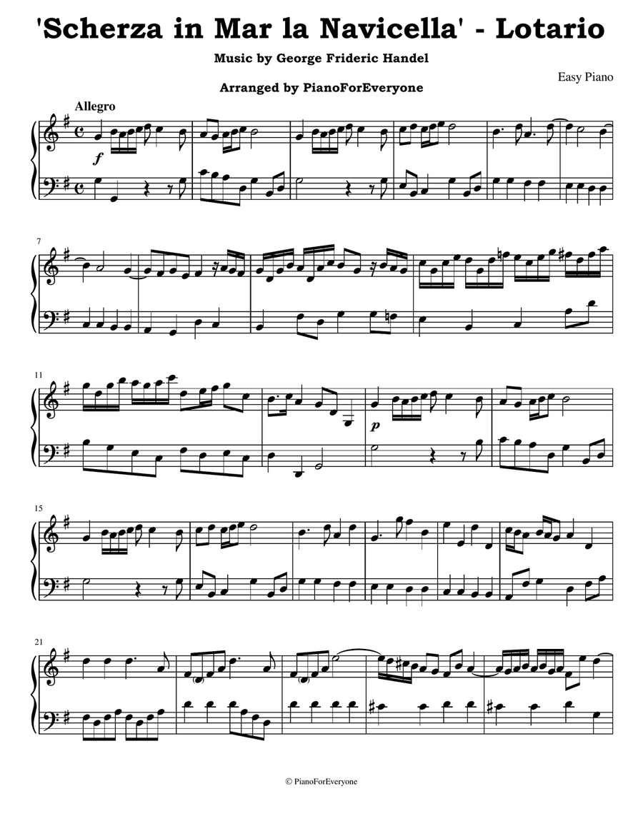 'Scherza in Mar la Navicella' from Lotario - Handel (Easy Piano) Easy Piano scores gallery preview page 1