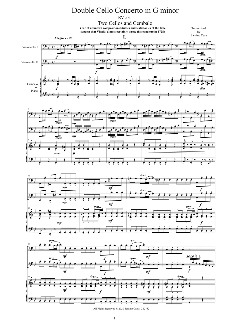 Vivaldi - Double Cello Concerto in G minor RV531 for Two Cellos and Cembalo (or Piano) String Duet scores gallery preview page 1