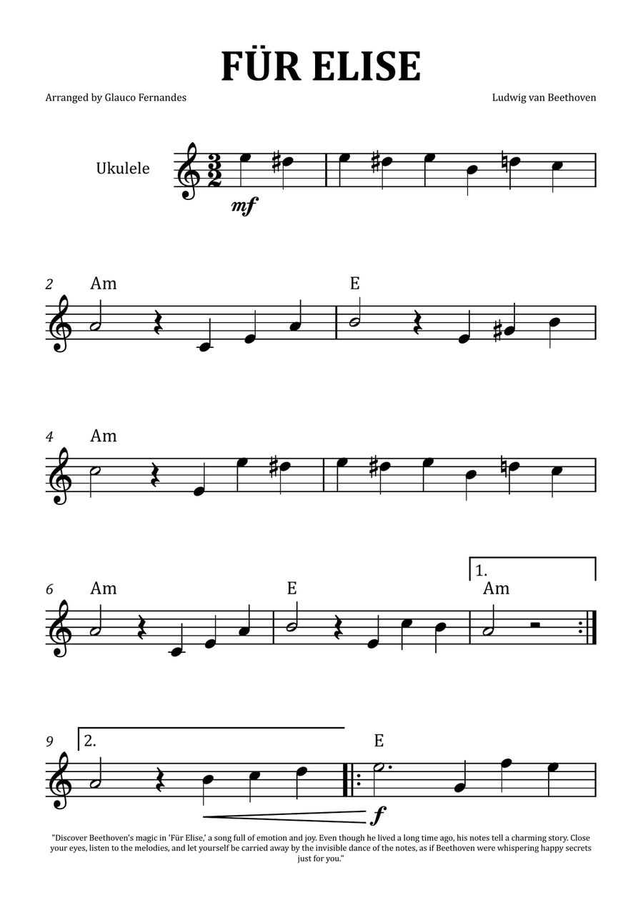 Für Elise by Beethoven - Ukulele Solo with Chord Notation image number null