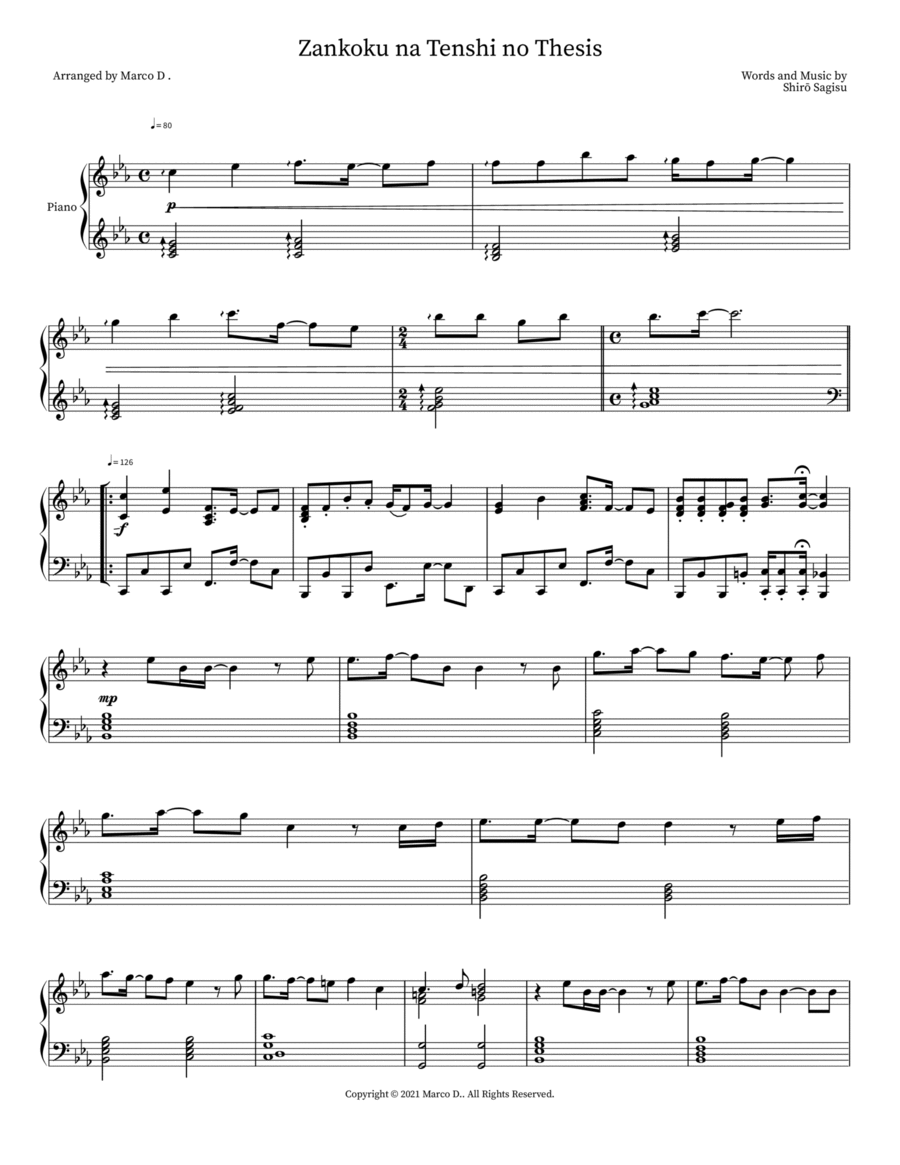 Zankoku na Tenshi no Thesis Piano Solo scores gallery preview page 1