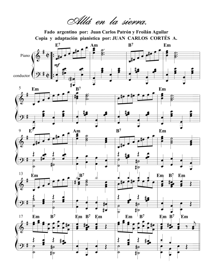 Allá en la sierra - Fado argentino por Juan Carlos Patrón y Froilán Aguilar Piano Solo scores gallery preview page 1