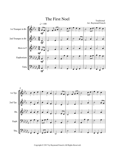 The First Noel - Christmas Sing along (For Brass Quintet - 2 Trumpets, Horn, Euphonium and Tuba) image number null