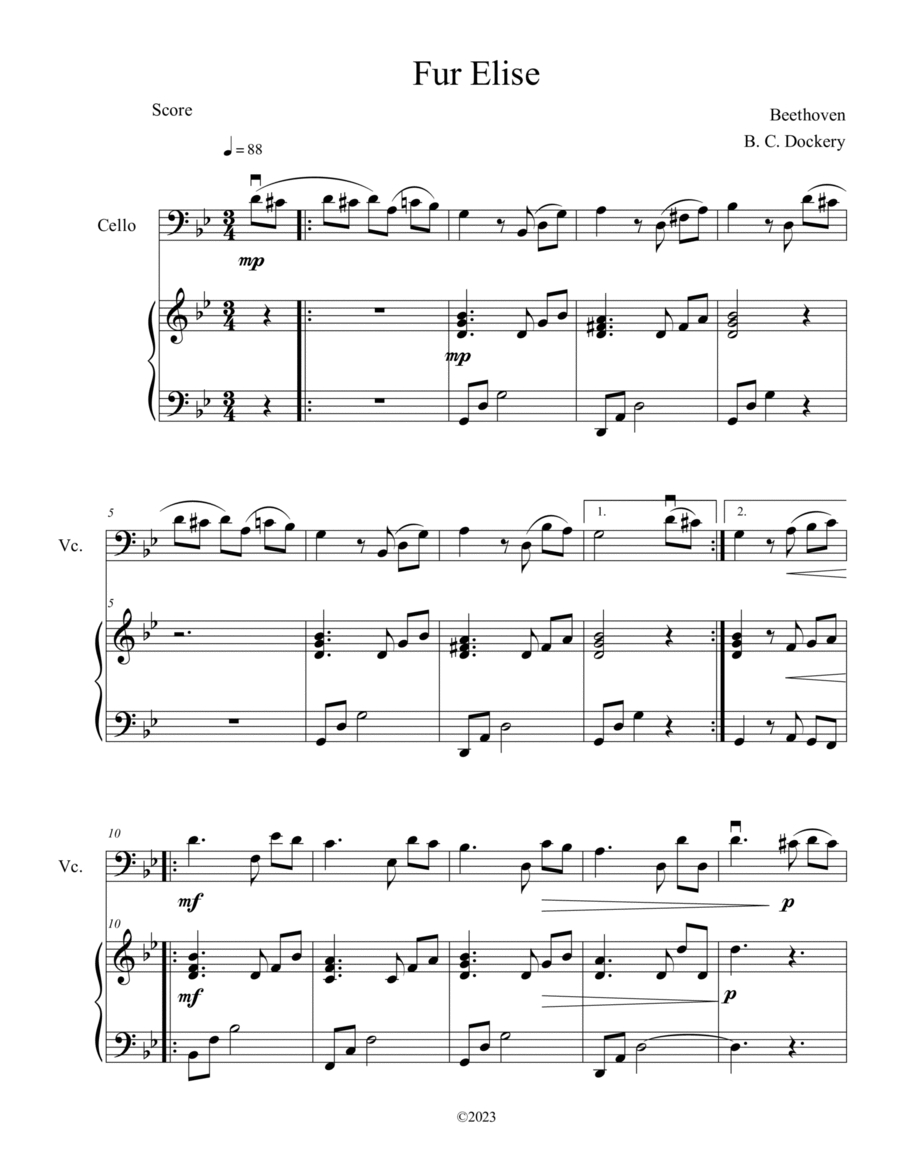 Fur Elise (Cello Solo with Piano Accompaniment) Piano scores gallery preview page 1