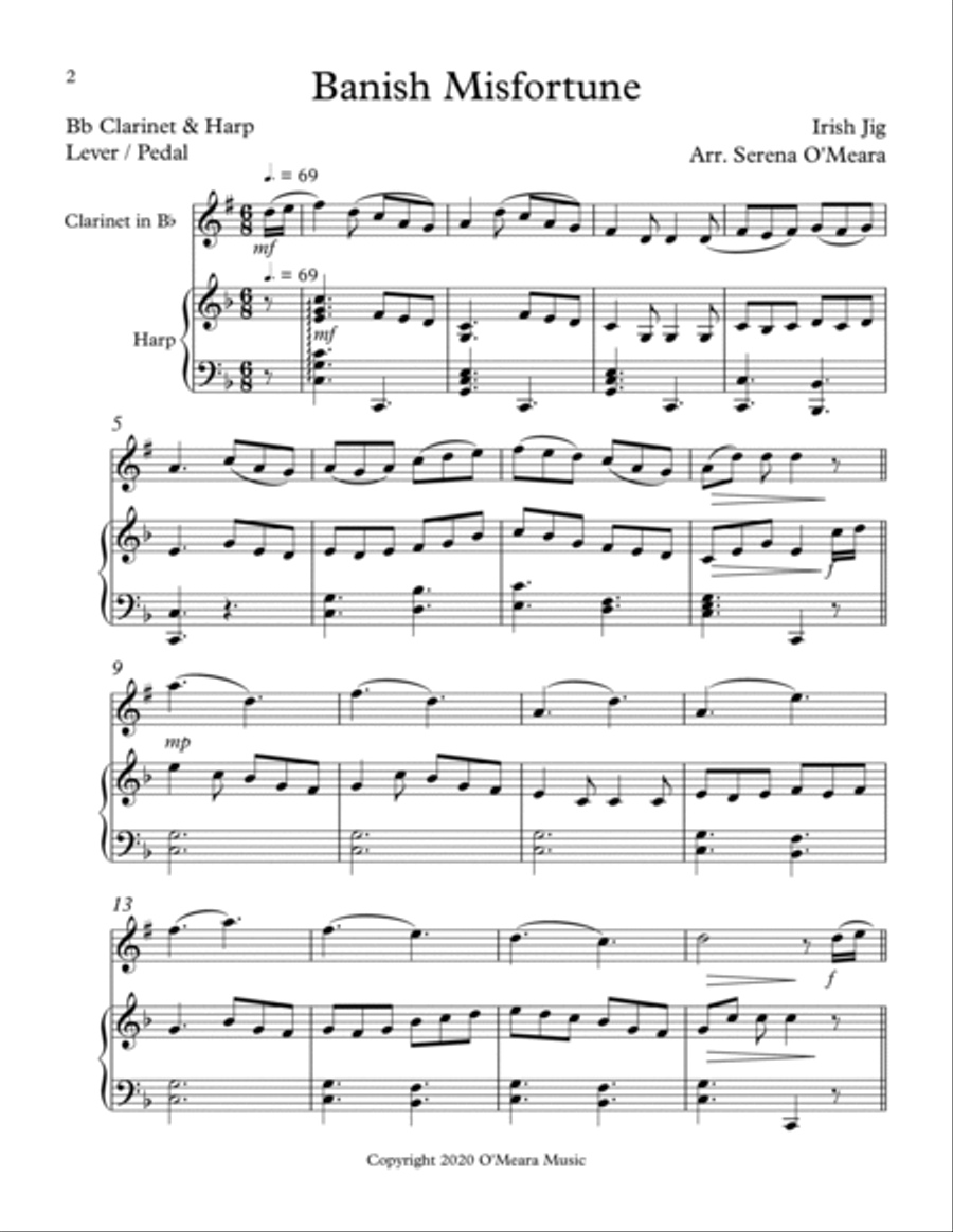Banish Misfortune for Bb Clarinet & Harp B-Flat Clarinet scores gallery preview page 2
