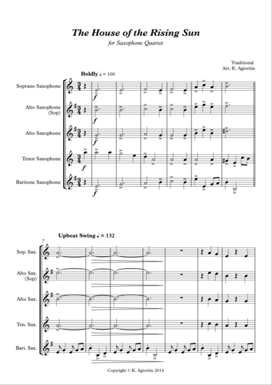The House of the Rising Sun - for Saxophone Quartet Saxophone Quartet scores gallery preview page 1