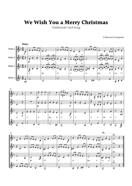 We Wish you a Merry Christmas for Violin Quartet with Chords image number null