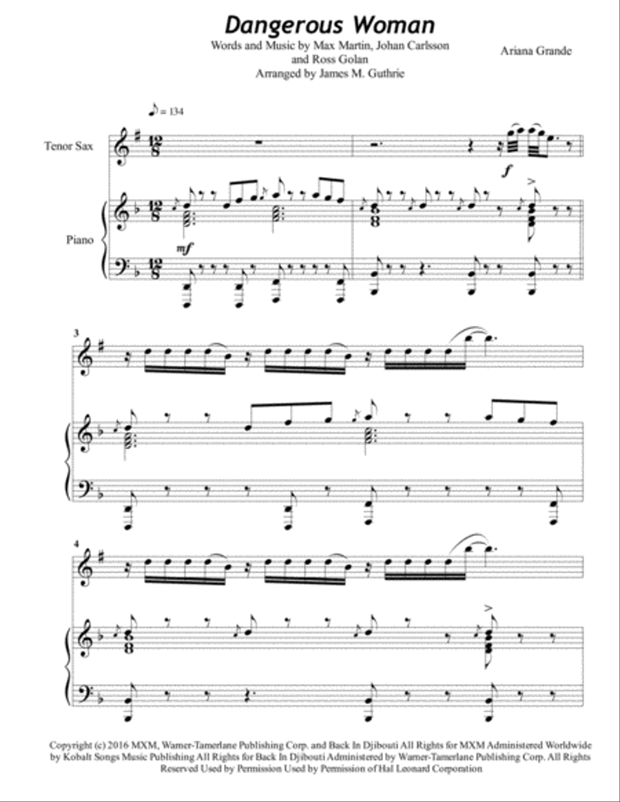 Dangerous Woman Tenor Saxophone scores gallery preview page 1