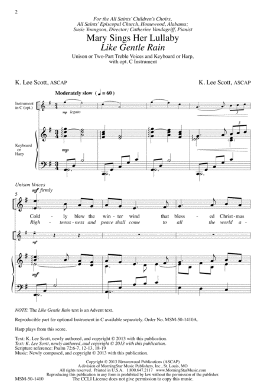 Mary Sings Her Lullaby/Like Gentle Rain Unison Choir scores gallery preview page 2
