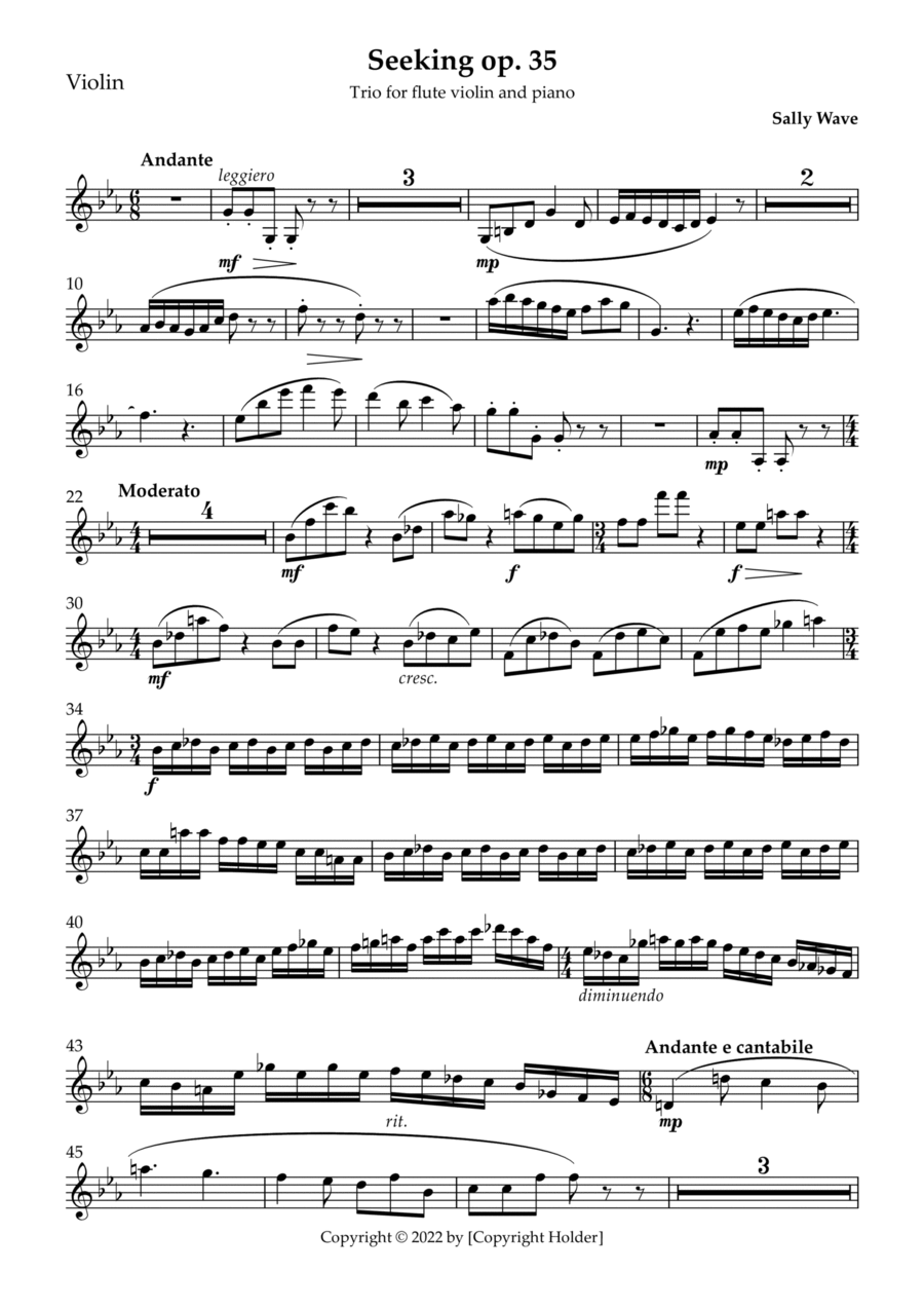 Sally Wave - Seeking - violin prat from trio for flute, violin and piano op.35 Piano Trio scores gallery preview page 1