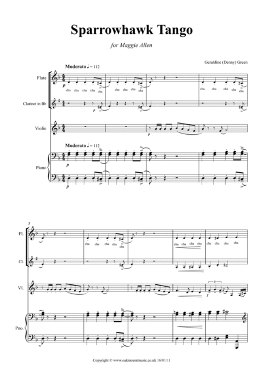 Sparrowhawk Tango. (Flute, Clarinet, Violin and Piano Arrangement) Chamber Music scores gallery preview page 2