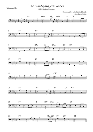 The Star Spangled Banner (USA National Anthem) for Cello Solo with Chords (F# Major)