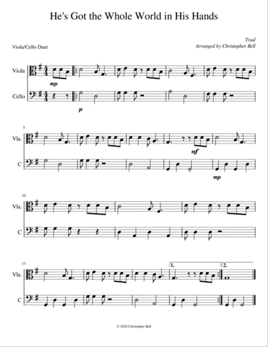 He's Got the Whole World in His Hands - Viola/Cello Duet String Duet scores gallery preview page 1