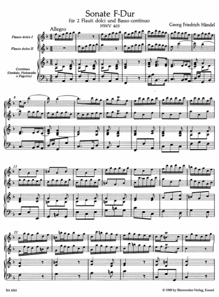 Triosonate for two Treble Recorders and Basso continuo F major HWV 405