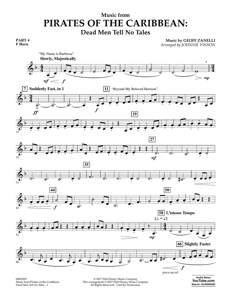 Music from Pirates of the Caribbean: Dead Men Tell No Tales - Pt.4 - F Horn Concert Band scores gallery preview page 1