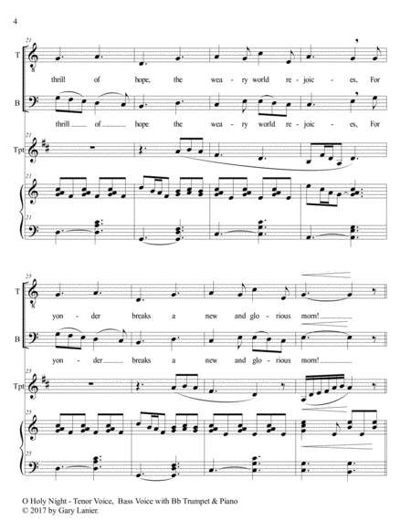 O HOLY NIGHT (Men's Choir - TB with Bb Trumpet & Piano/Score & Parts included) image number null