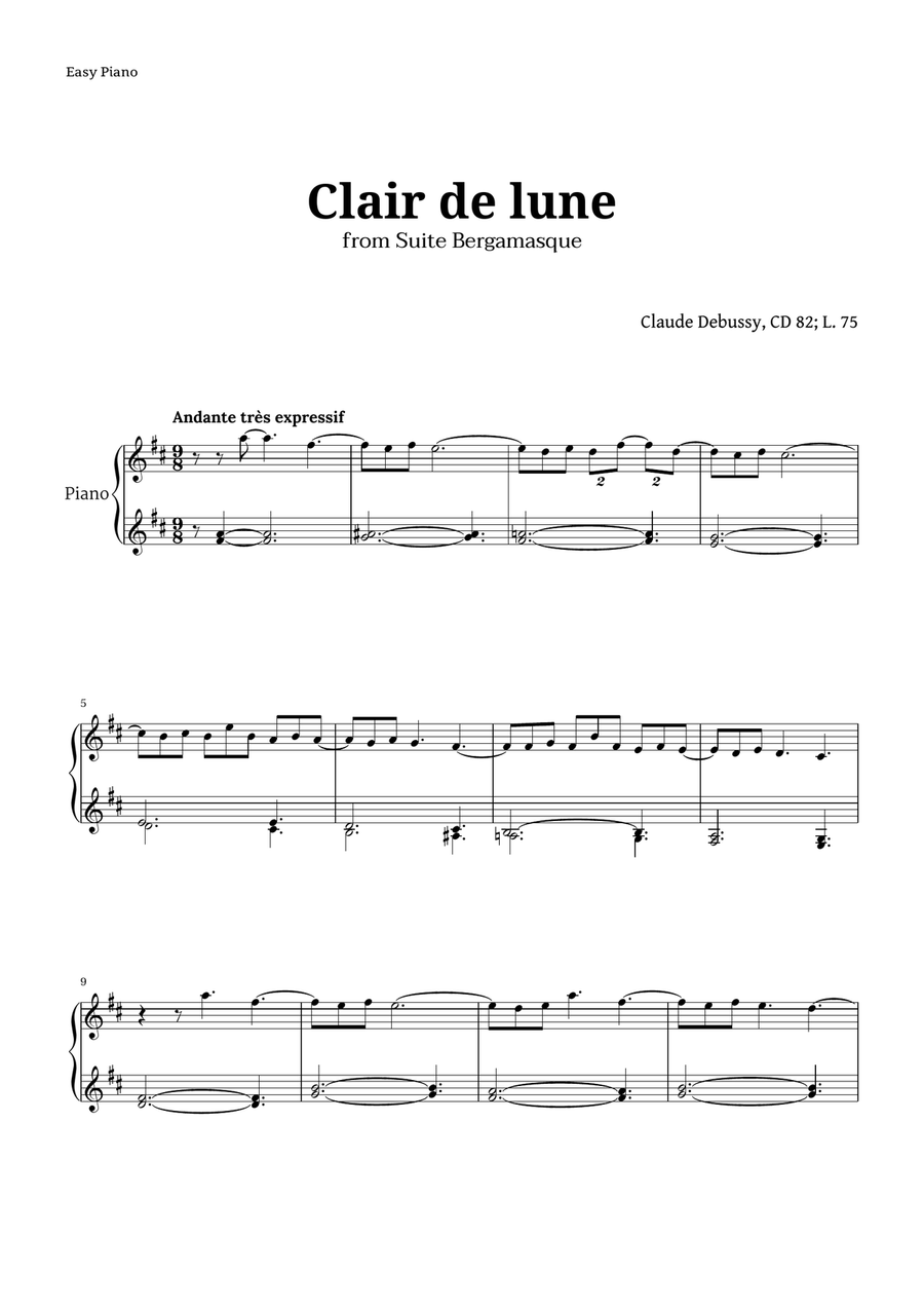 Clair de Lune by Debussy for Easy Piano Easy Piano scores gallery preview page 1