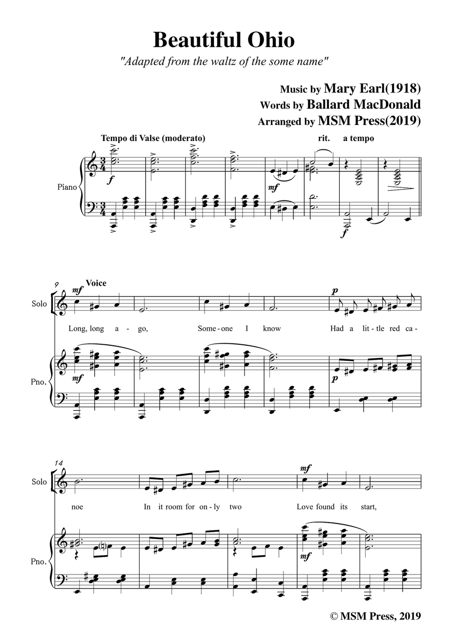 Mary Earl-Beautiful Ohio,in C Major,for Voice and Piano Piano, Vocal scores gallery preview page 3