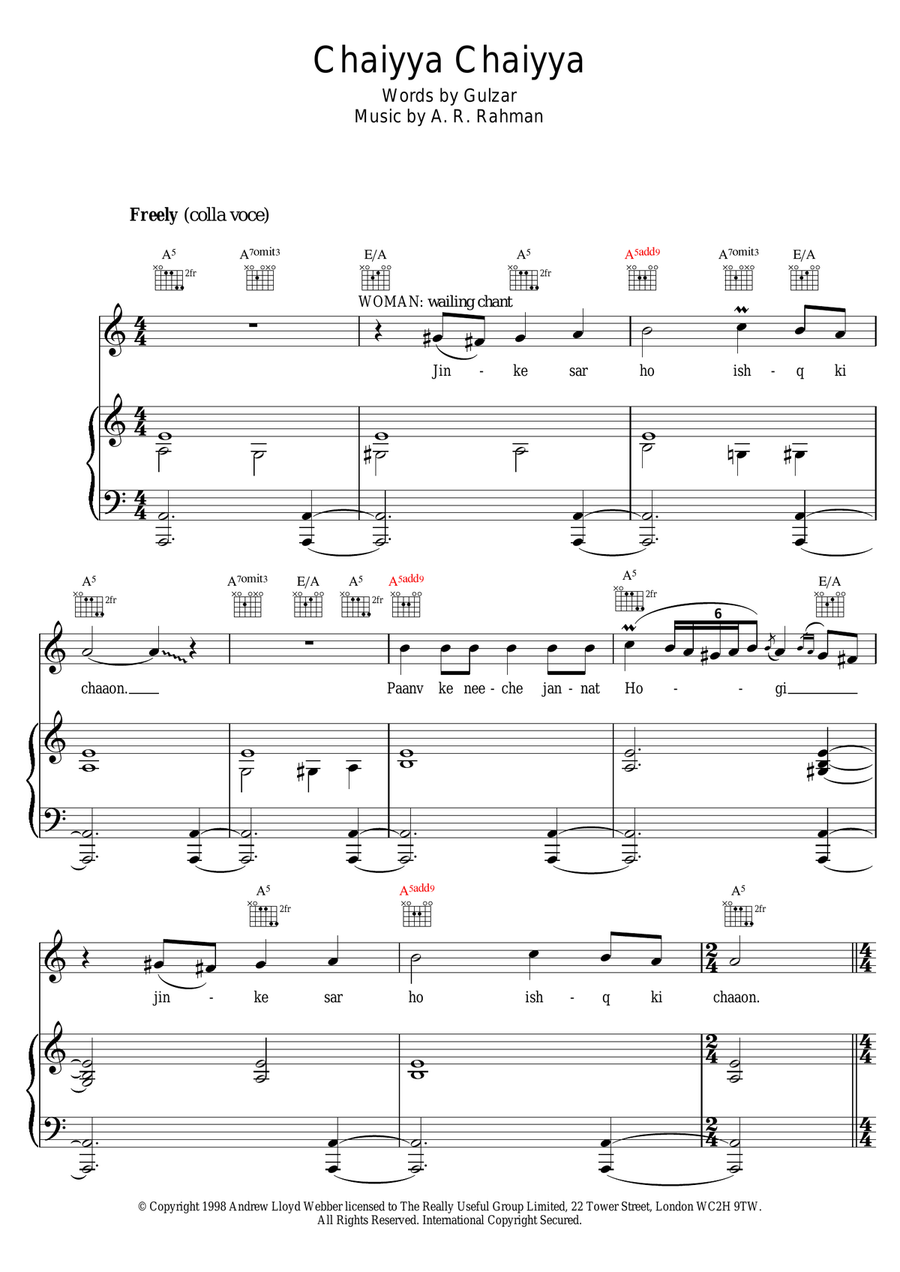 Chaiyya Chaiyya Chaiyya Chaiyya Piano, Vocal scores gallery preview page 1