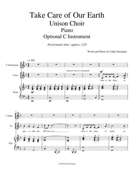 Take Care of Our Earth (Unison Choir, Piano, Optional C Instrument) image number null