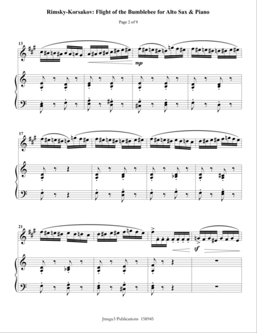 Korsakov: Flight of the Bumblebee for Alto Sax & Piano Alto Saxophone scores gallery preview page 2