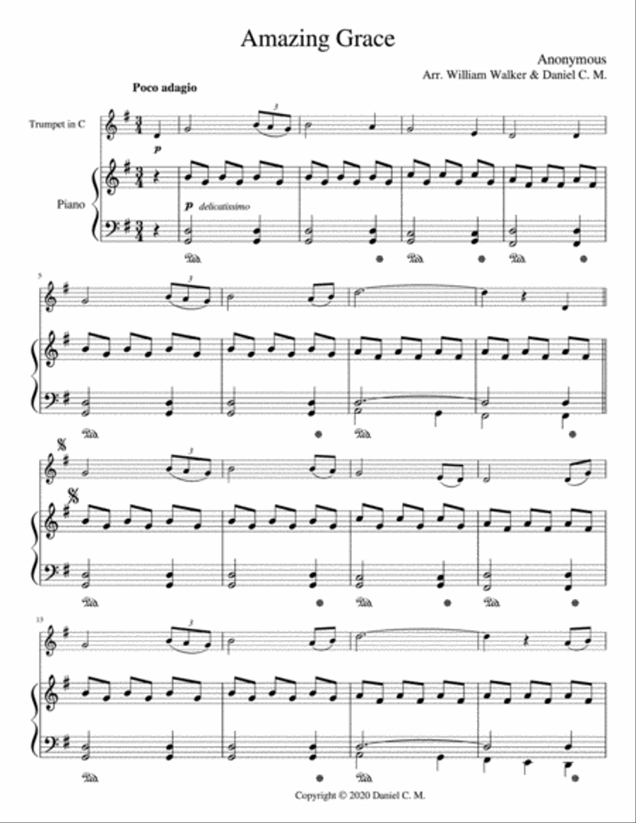 Amazing Grace for C trumpet and piano (easy) Trumpet Duet scores gallery preview page 2