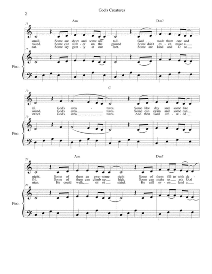 God's Creatures - kids song key of C - solo and piano Piano, Vocal, Guitar scores gallery preview page 2