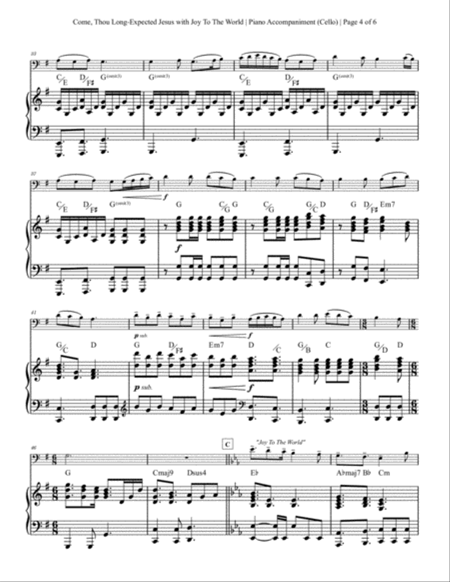 Come, Thou Long-Expected Jesus with Joy To The World - Cello Solo with Piano Accompaniment Piano scores gallery preview page 4