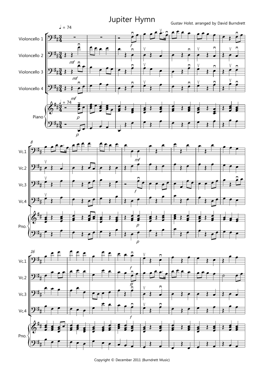 Jupiter Hymn for Cello Quartet Jupiter Hymn for Cello Quartet Cello Solo scores gallery preview page 1