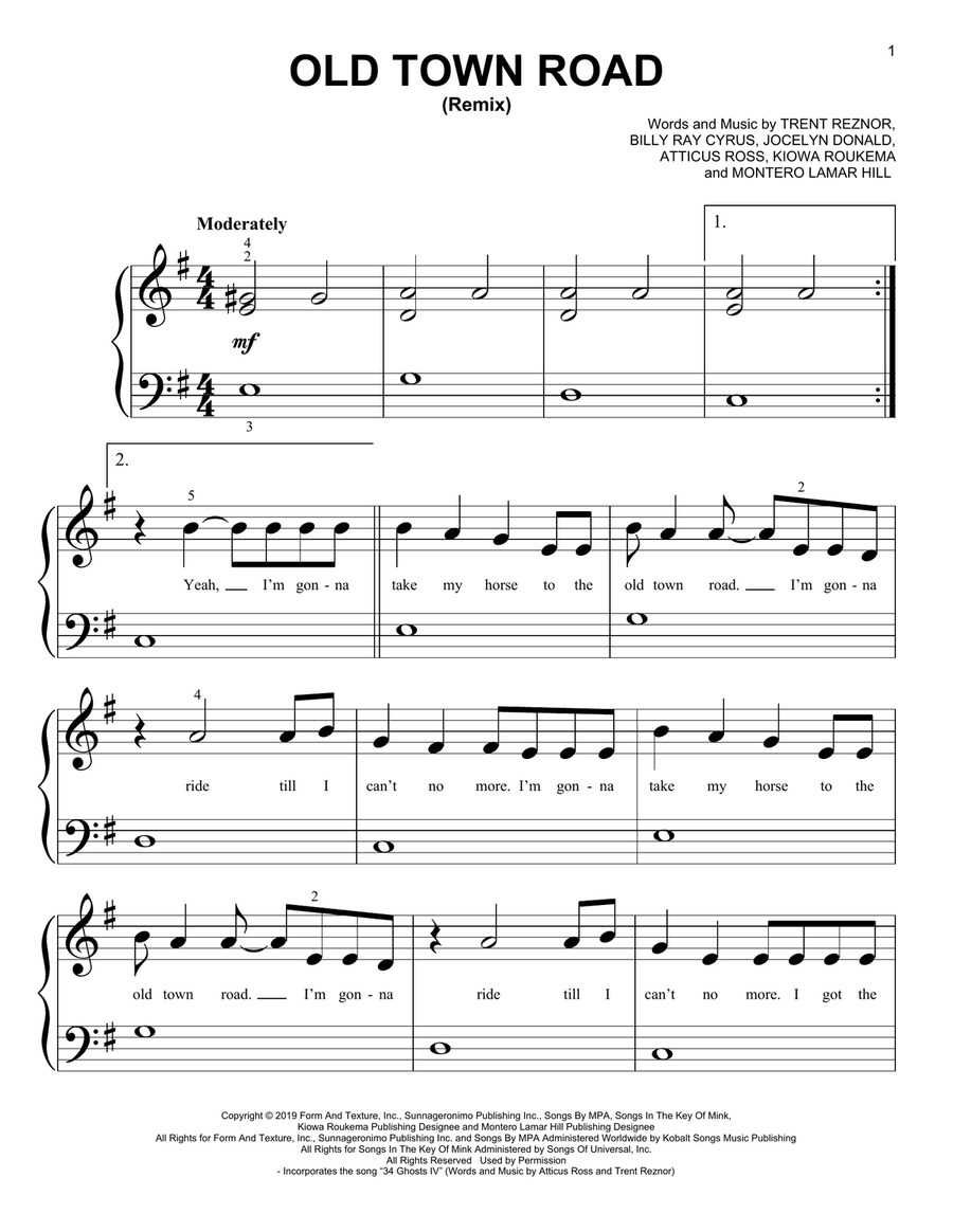 Old Town Road (Remix) Easy Piano scores gallery preview page 1