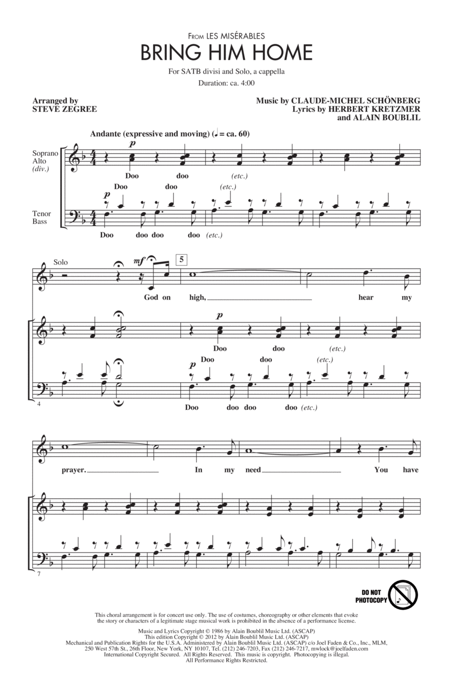 Bring Him Home (from Les Miserables) (arr. Steve Zegree) 4-Part scores gallery preview page 1