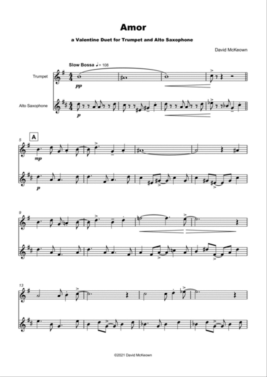 Amor, (Portuguese for Love), Trumpet and Alto Saxophone Duet Saxophone Duet scores gallery preview page 2