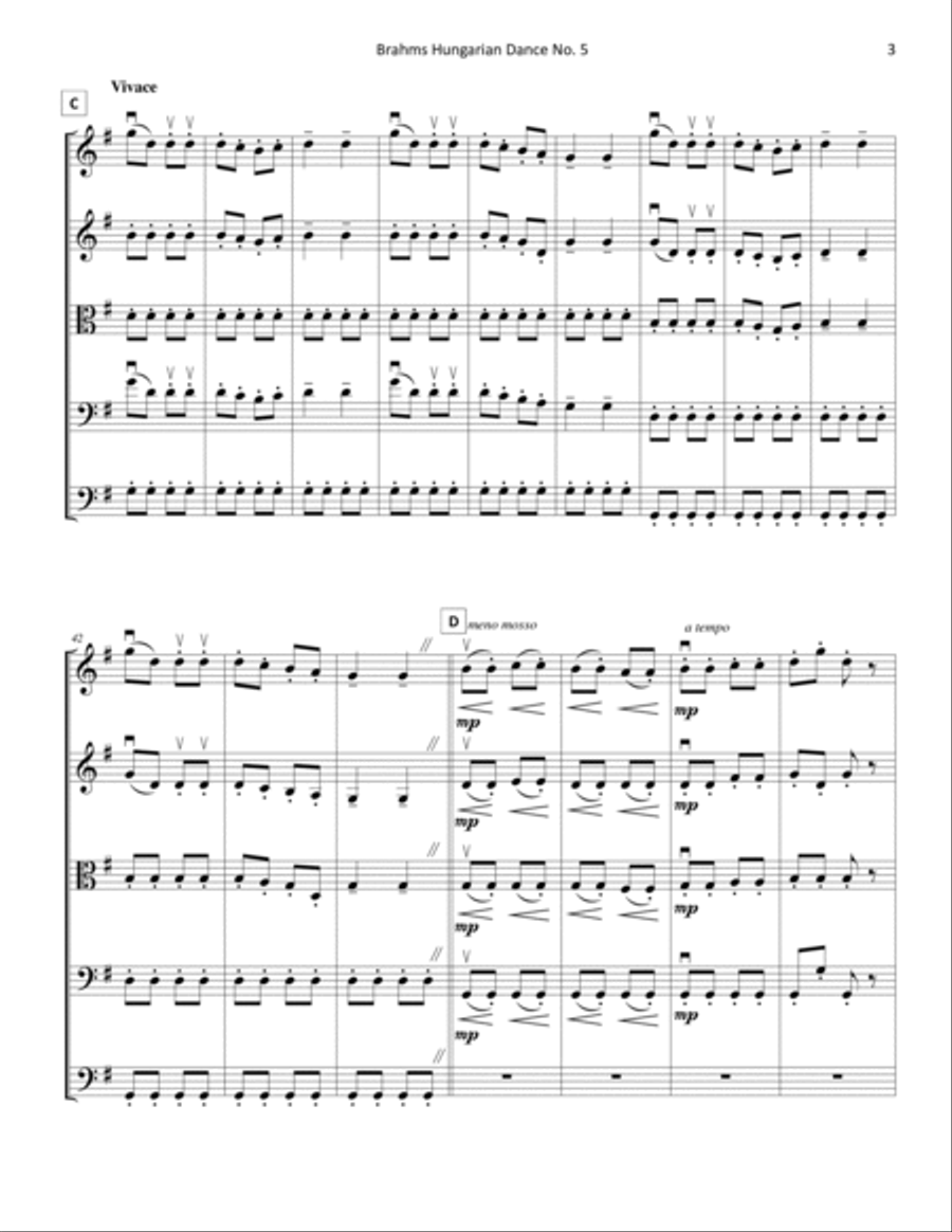 Hungarian Dance No. 5, by Johannes Brahms, for string quintet or string orchestra String Orchestra scores gallery preview page 3