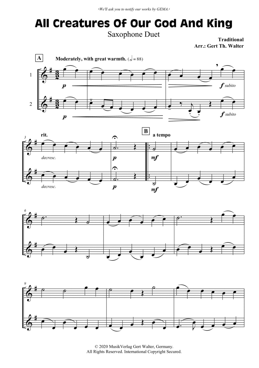 All Creatures Of Our God And King Woodwind Duet scores gallery preview page 1