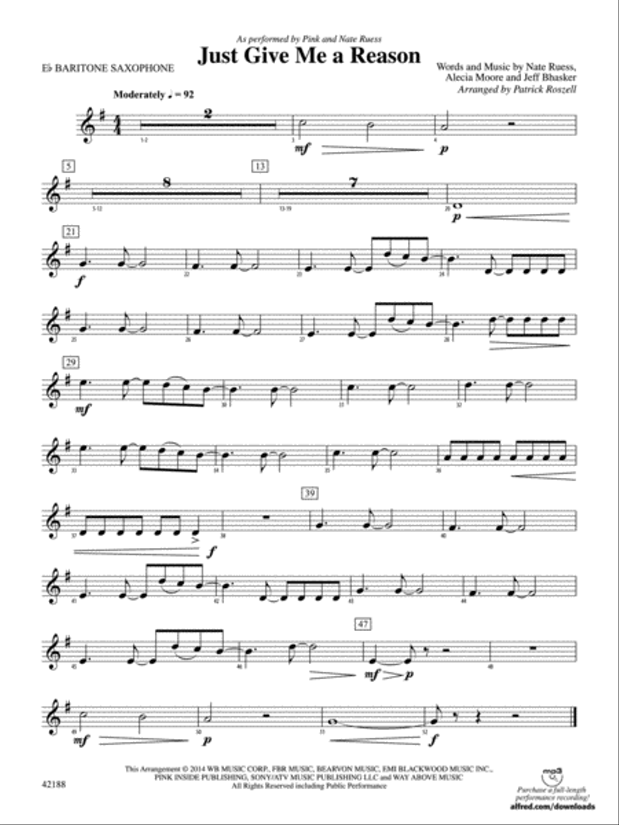 Just Give Me a Reason: E-flat Baritone Saxophone Concert Band scores gallery preview page 1