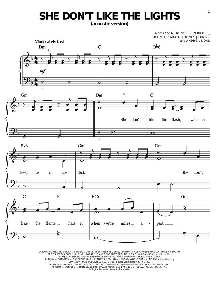 She Don't Like The Lights Easy Piano scores gallery preview page 1