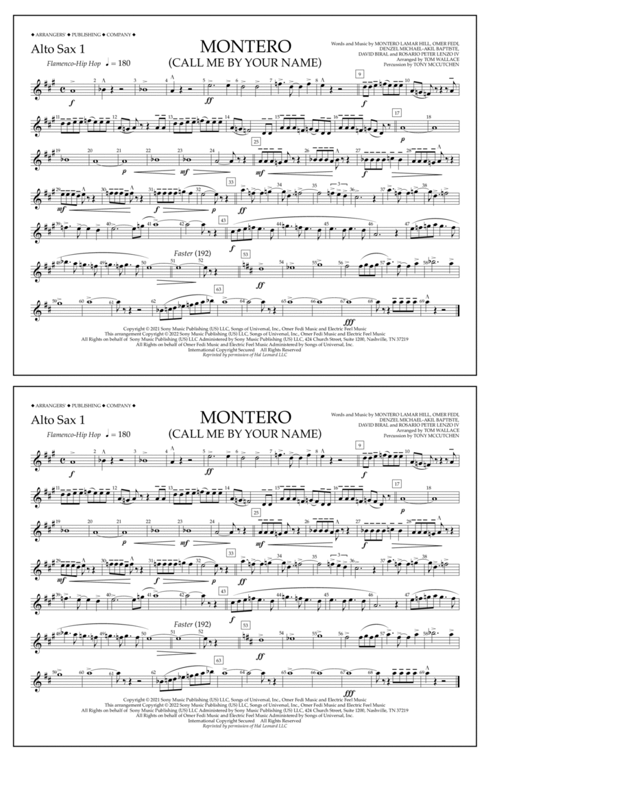 Montero (Call Me By Your Name) (arr. Tom Wallace) - Alto Sax 1 Marching Band scores gallery preview page 1