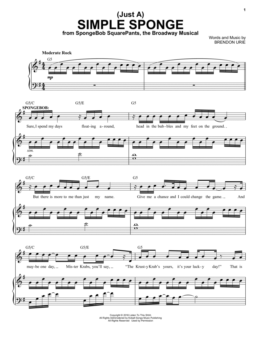 (Just A) Simple Sponge (from Spongebob Squarepants, The Broadway Musical) Piano, Vocal scores gallery preview page 1