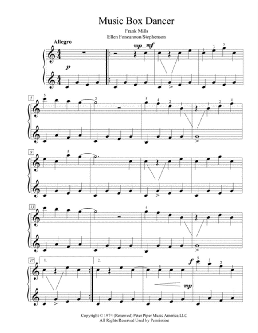 Music Box Dancer Music Box Dancer Easy Piano scores gallery preview page 1