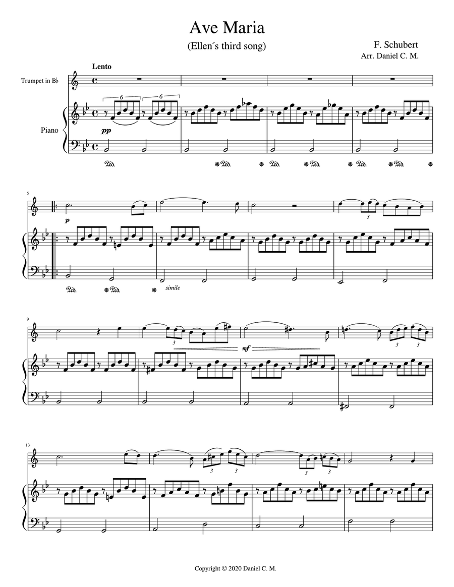Ave Maria for Bb trumpet and piano (simplified) Trumpet Duet scores gallery preview page 2